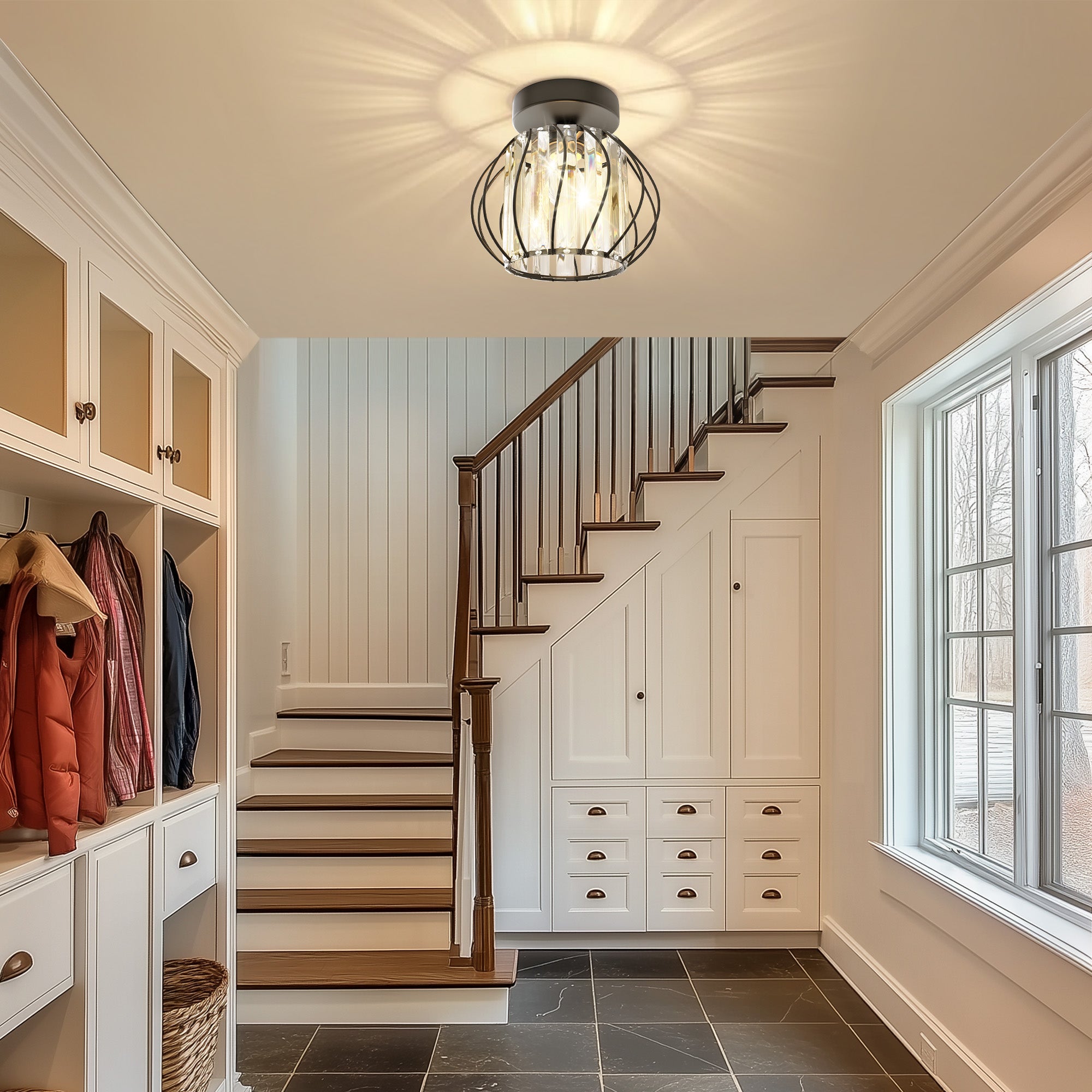 7 in. 1-Light Black Modern Crystal Semi Flush Mount Ceiling Light for Hallway, Entryway, or Bedroom with Cage Design