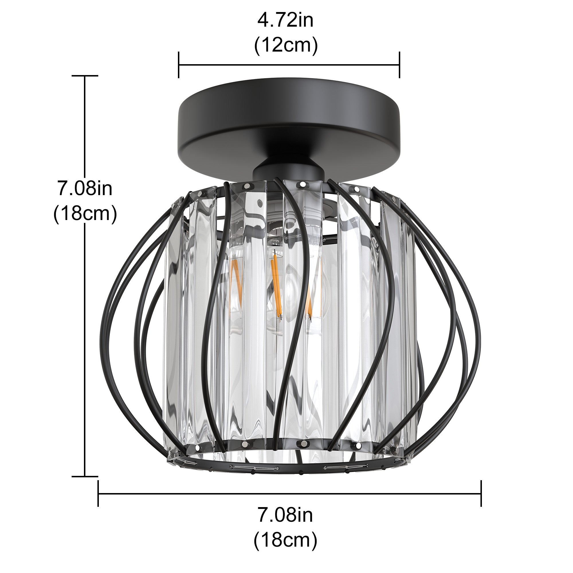 7 in. 1-Light Black Modern Crystal Semi Flush Mount Ceiling Light for Hallway, Entryway, or Bedroom with Cage Design