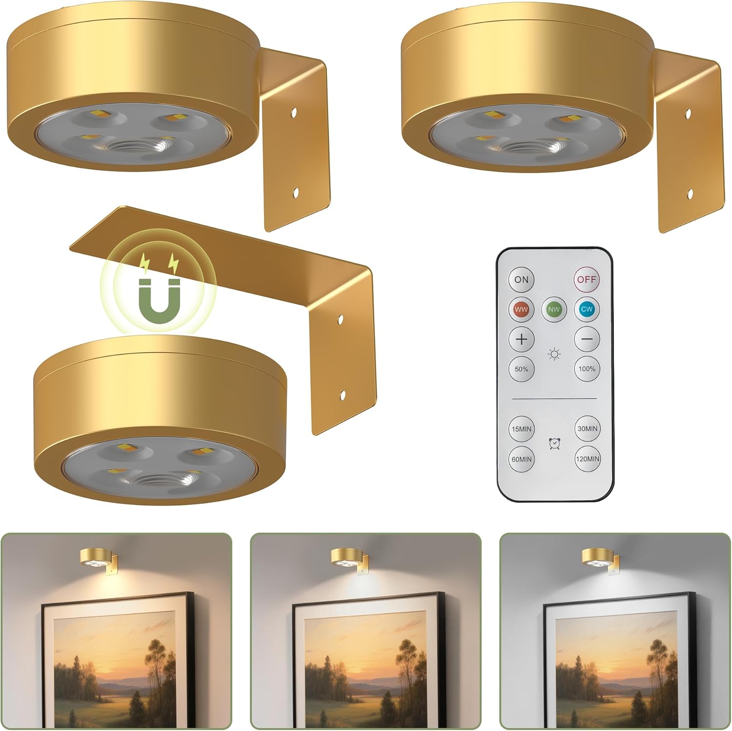 Battery Operated LED Picture Light, 3-Pack, Gold, Remote Control Dimmable with Timer