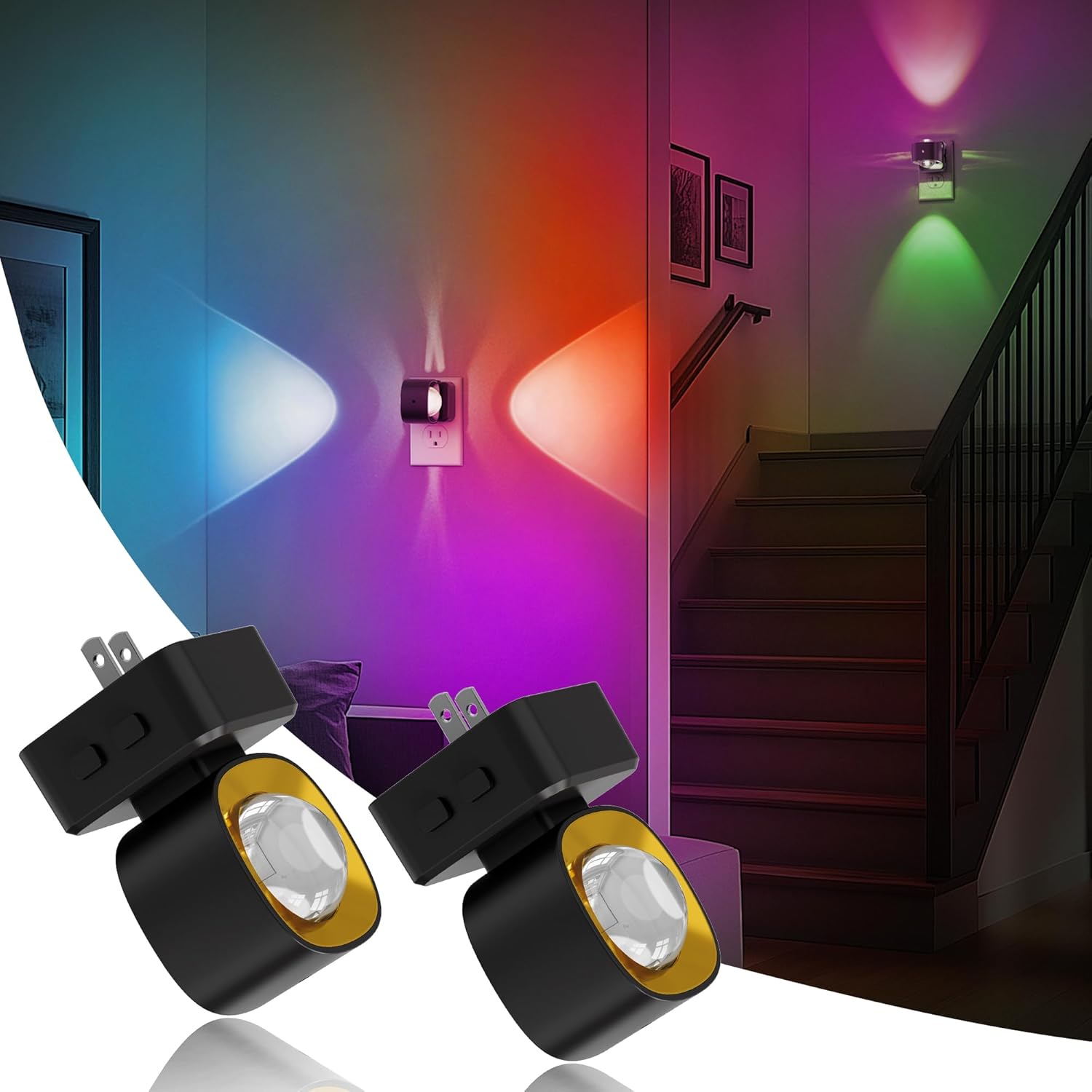 Night Light Color Changing, 2W RGB+Amber, Dimmable, 2-Pack, Plug-in Dusk to Dawn