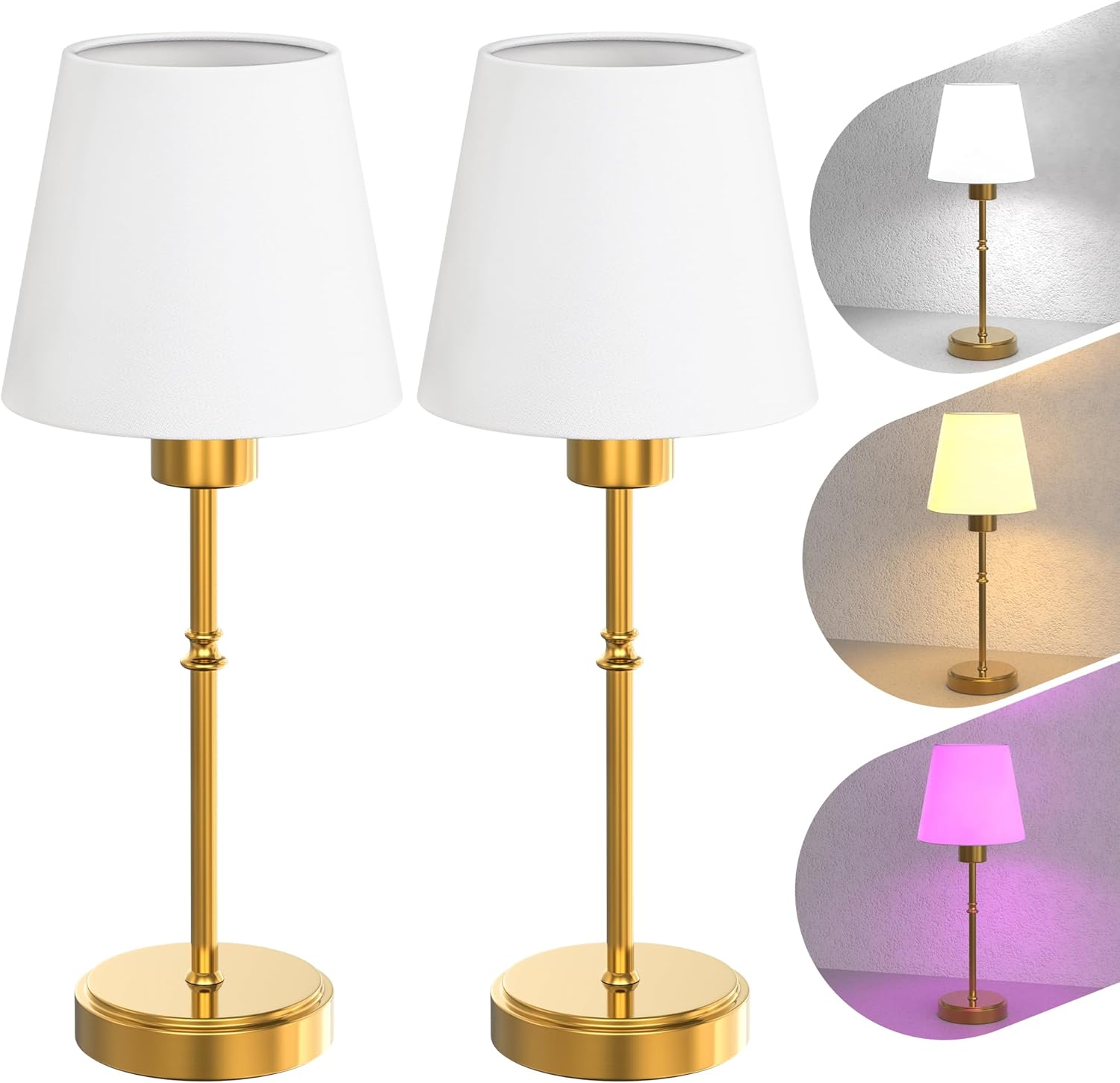 Rechargeable Table Lamp with Remote, 2-Pack, Brass Base, White Fabric Shade, RGB+CCT Dimmable