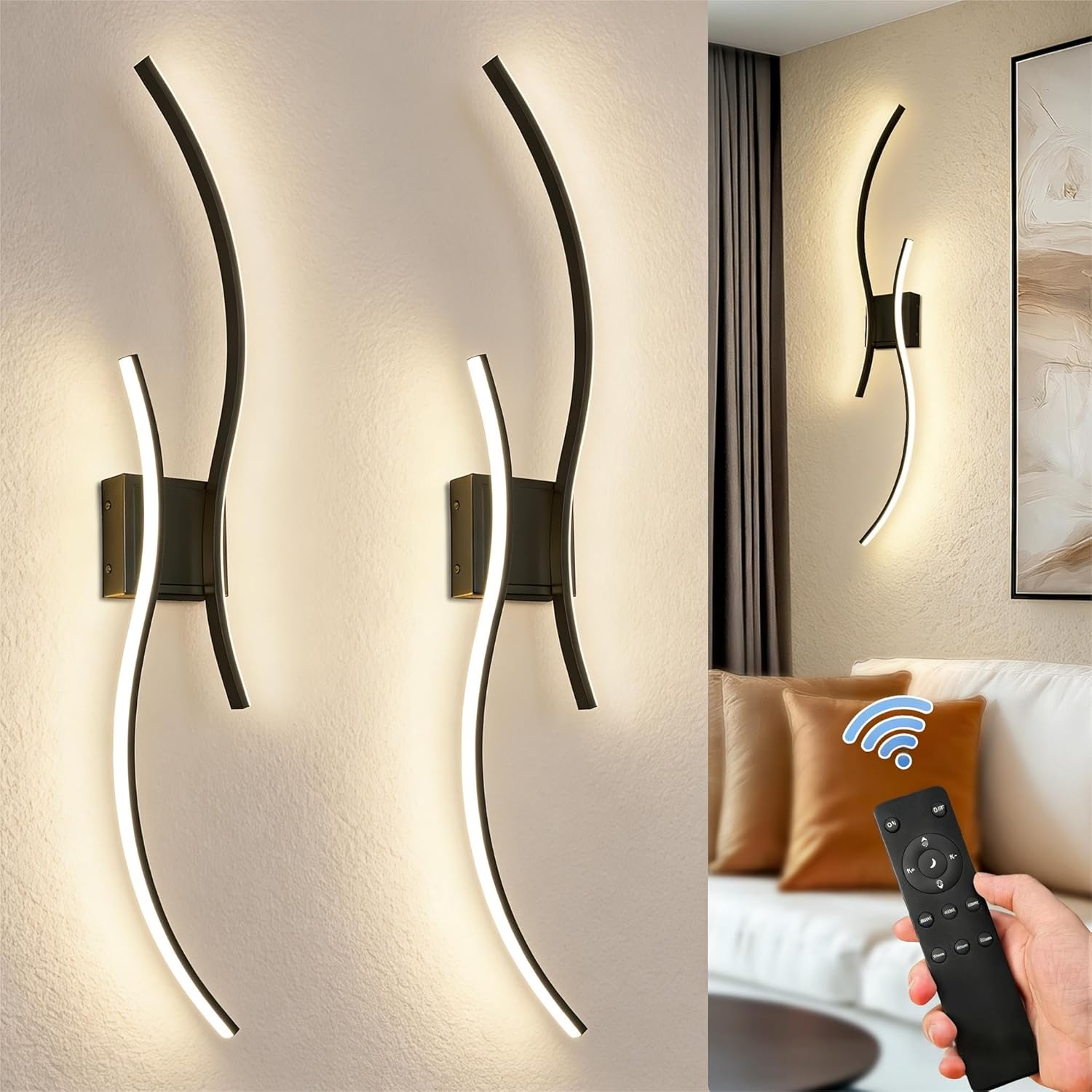 Rechargeable LED Wall Light, 2-Pack, 2-Head 100cm, Black, Touch & Remote Control, Dimmable