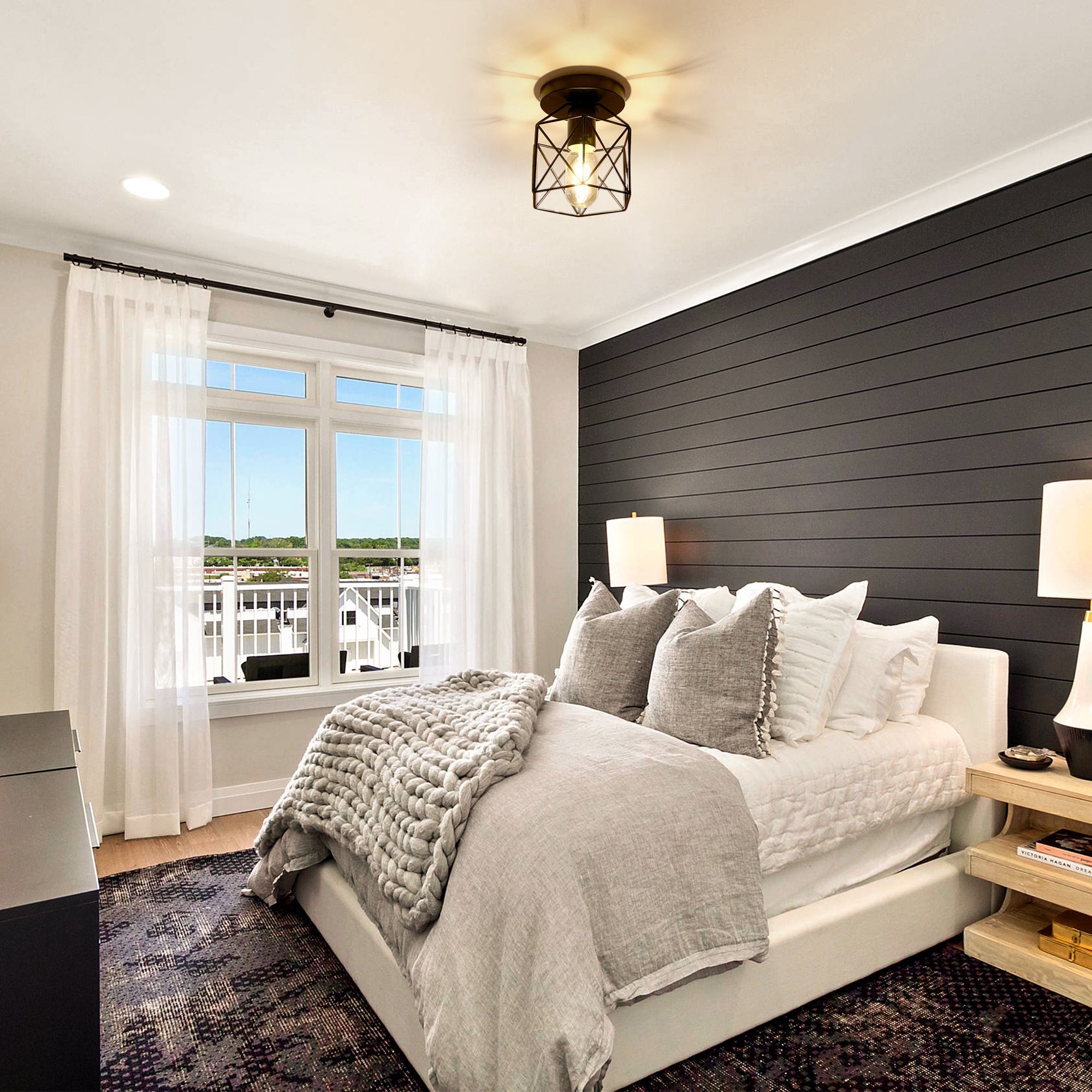 LOHAS LED Retro Industrial Semi-Flush Mount Ceiling Light, Vintage Black Ceiling Light E26, Mini Metal Cage Ceiling Pendant Lighting Lamp Fixture for Hallway, Stairway, Kitchen, Garage.