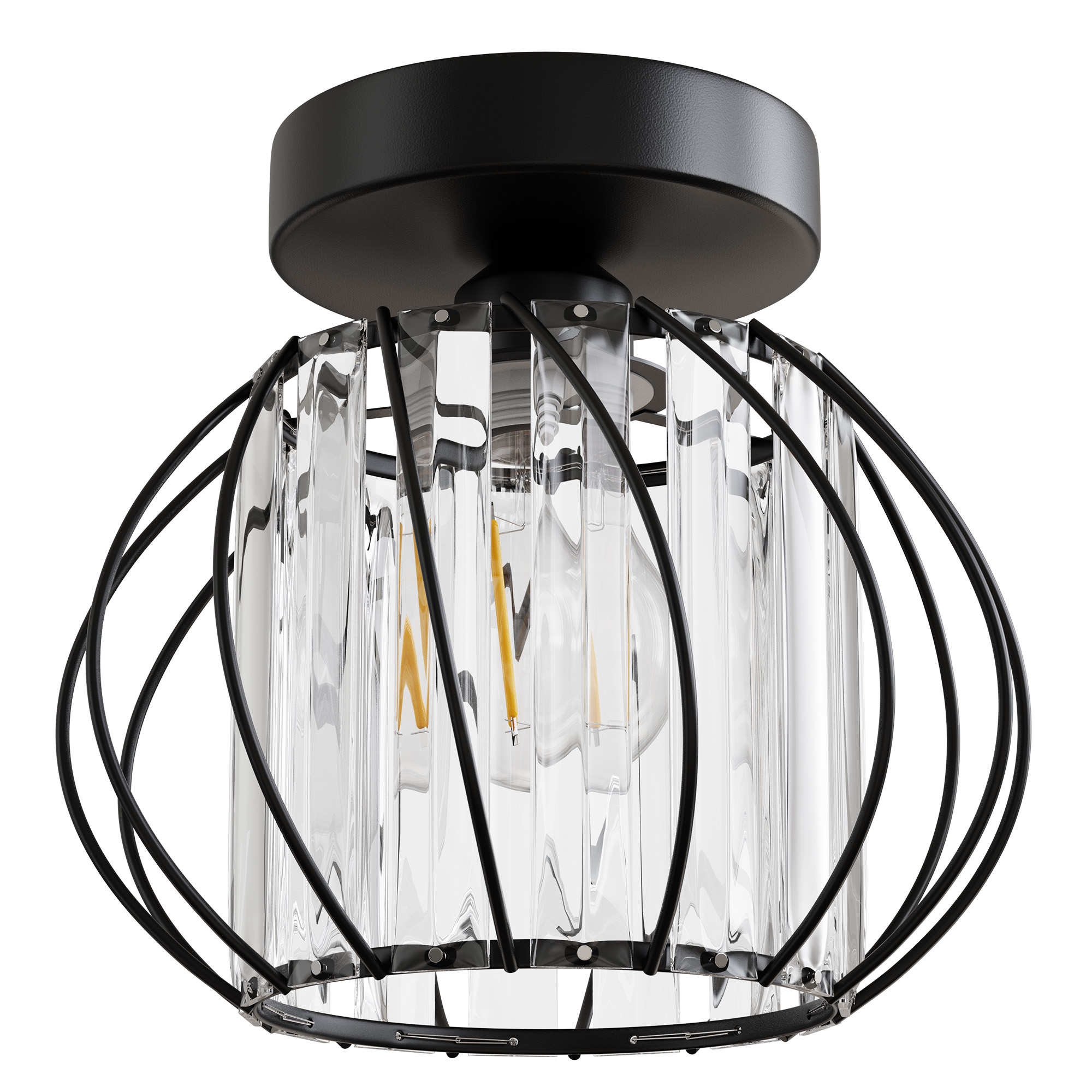7 in. 1-Light Black Modern Crystal Semi Flush Mount Ceiling Light for Hallway, Entryway, or Bedroom with Cage Design