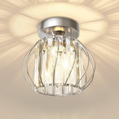 7 in. 1-Light Black Modern Crystal Semi Flush Mount Ceiling Light for Hallway, Entryway, or Bedroom with Cage Design