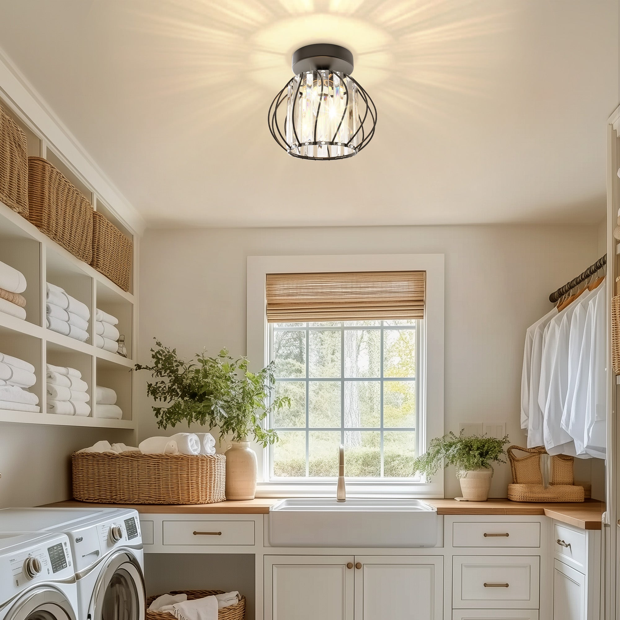 7 in. 1-Light Black Modern Crystal Semi Flush Mount Ceiling Light for Hallway, Entryway, or Bedroom with Cage Design