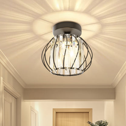 7 in. 1-Light Black Modern Crystal Semi Flush Mount Ceiling Light for Hallway, Entryway, or Bedroom with Cage Design