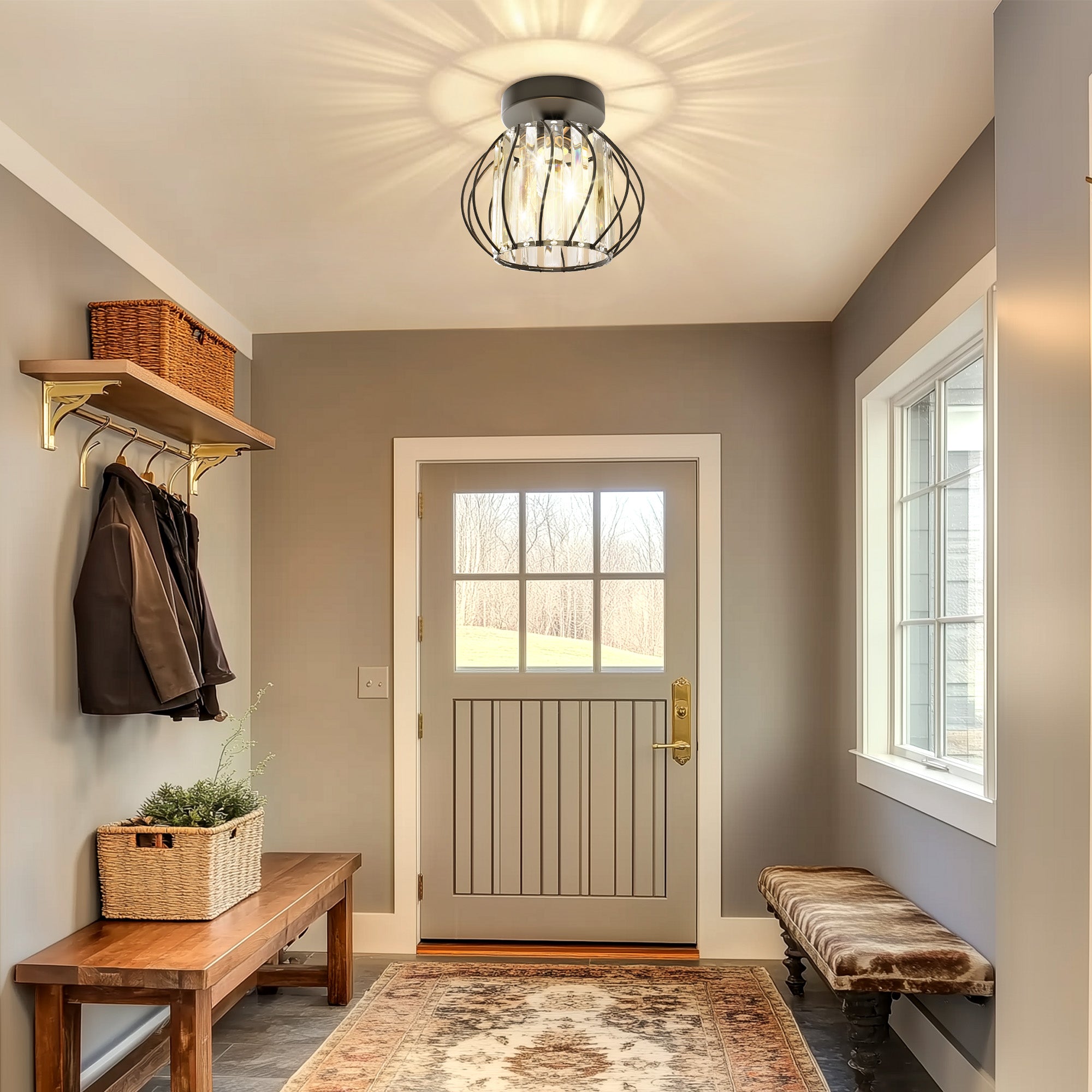 7 in. 1-Light Black Modern Crystal Semi Flush Mount Ceiling Light for Hallway, Entryway, or Bedroom with Cage Design