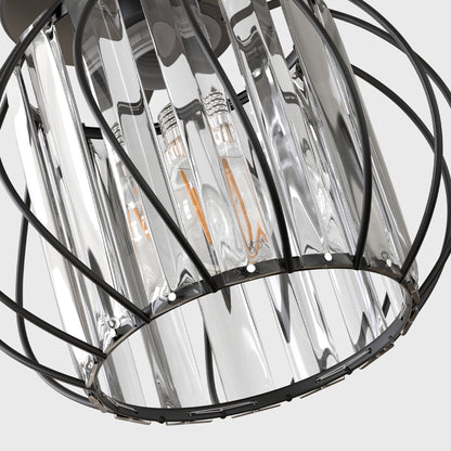 7 in. 1-Light Black Modern Crystal Semi Flush Mount Ceiling Light for Hallway, Entryway, or Bedroom with Cage Design