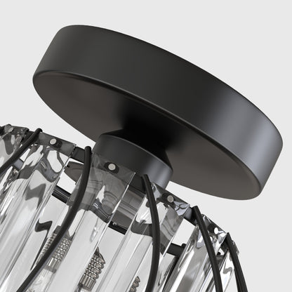 7 in. 1-Light Black Modern Crystal Semi Flush Mount Ceiling Light for Hallway, Entryway, or Bedroom with Cage Design