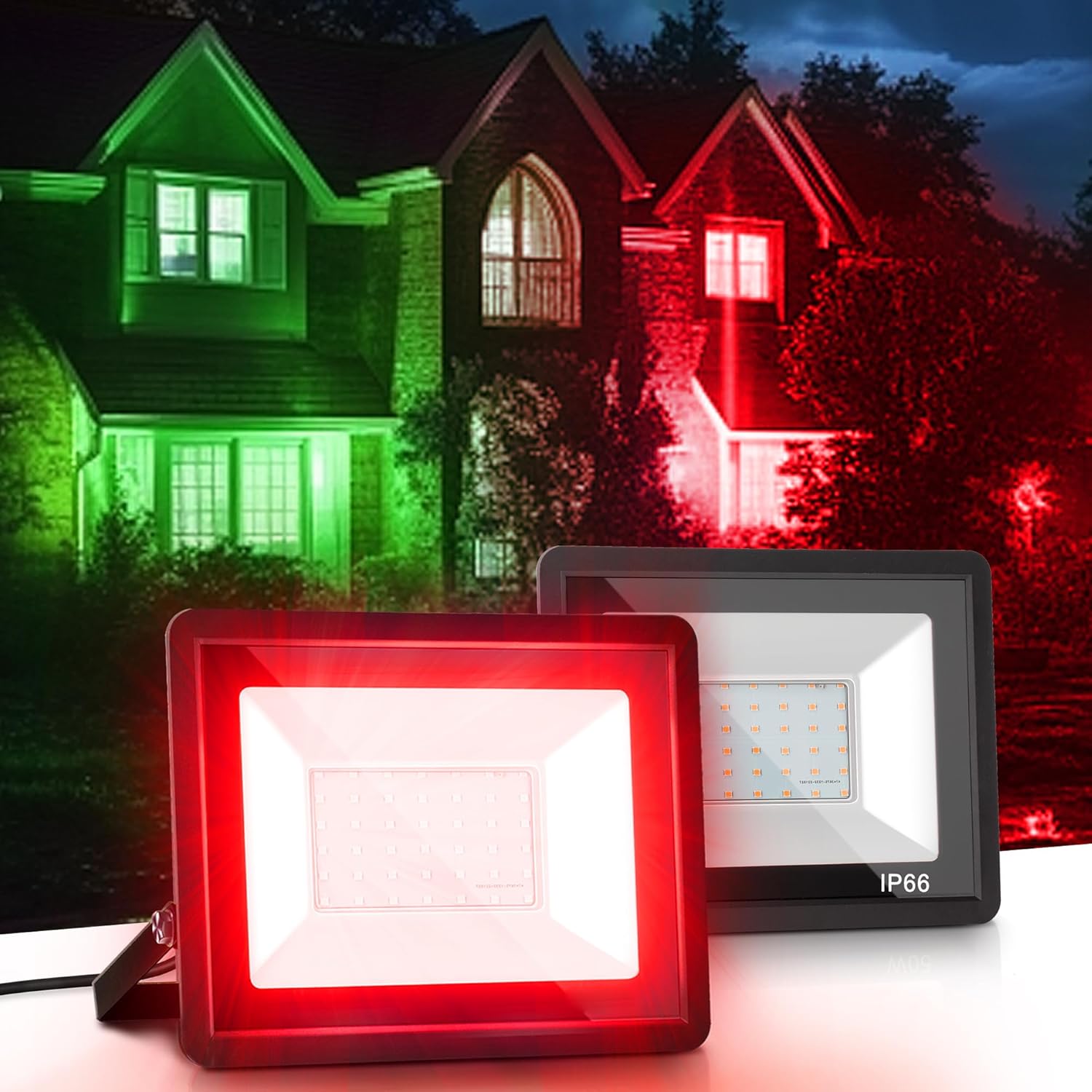 Dusk to Dawn Outdoor LED Flood Lights, 50W Red Light Security Lights, 2-Pack, IP66, UL Plug