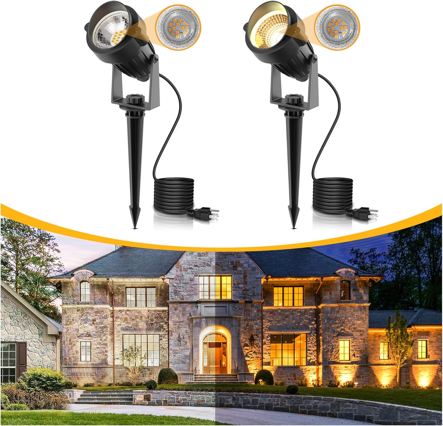 Dusk to Dawn Outdoor LED Spotlight, 5W Photocell Landscape Light, IP66, Warm White 3000K, UL Plug