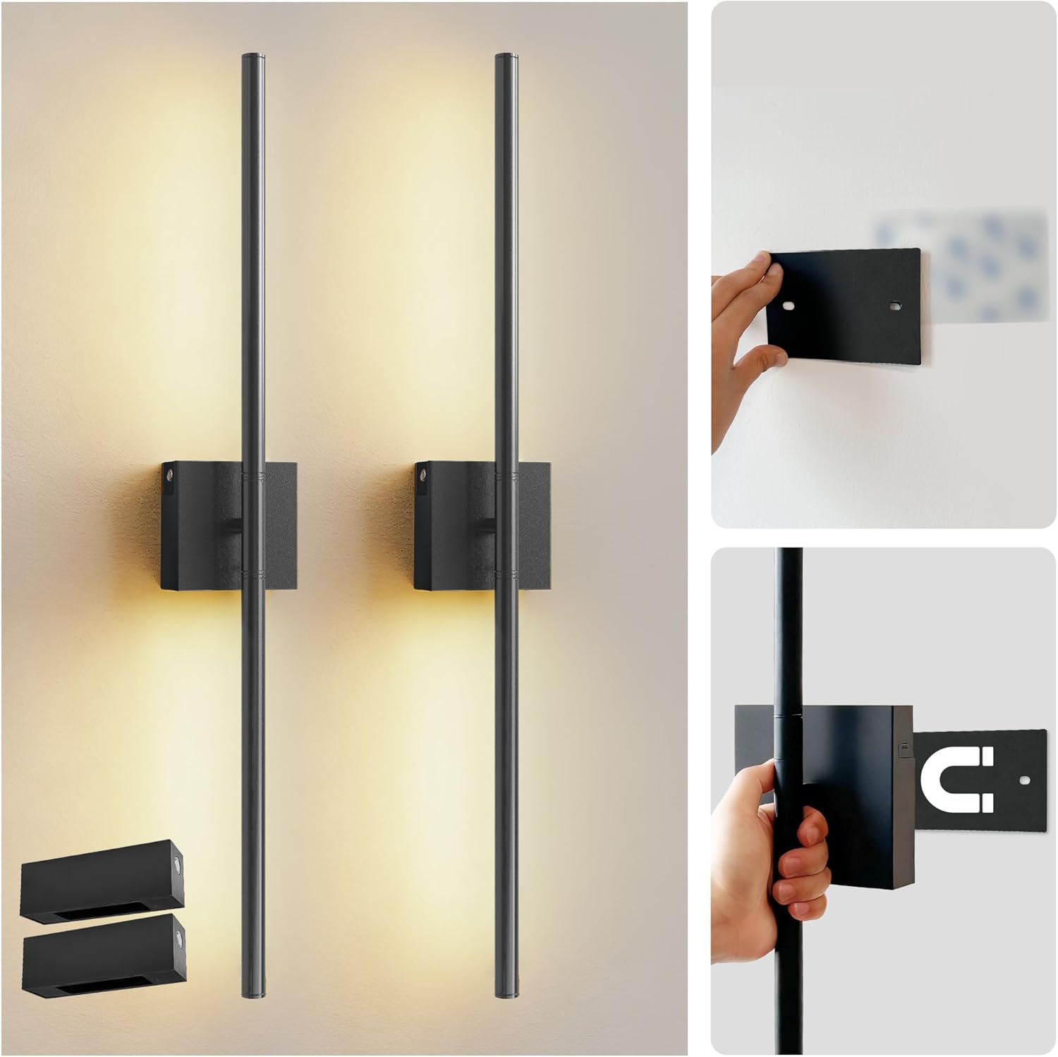 Rechargeable LED Wall Light with Magnetic Backplate, 2-Pack, 70cm Black, Remote RGBW Dynamic