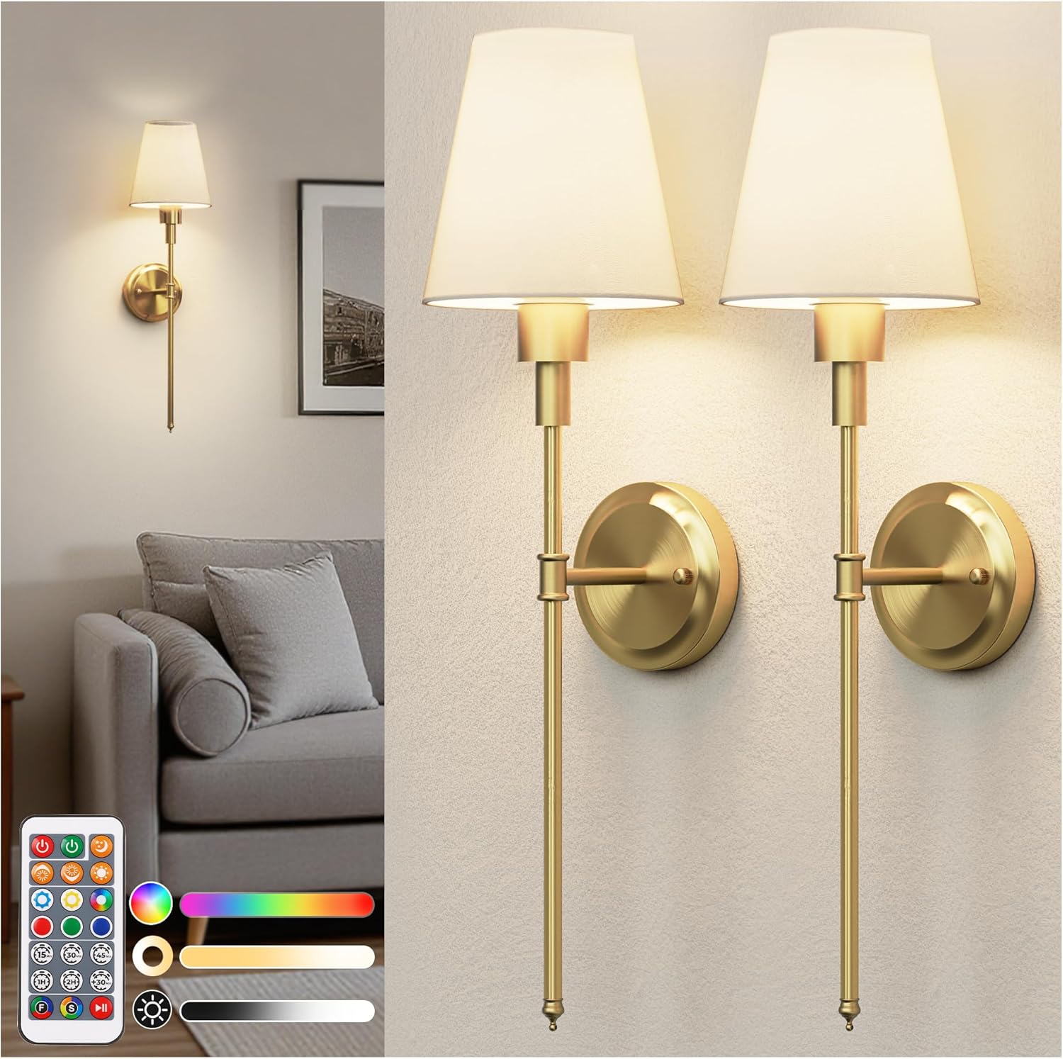 Rechargeable Battery Powered Wall Sconce, 2-Pack, Brass Fabric Shade, 25cm Arm, Remote Control RGB+CCT