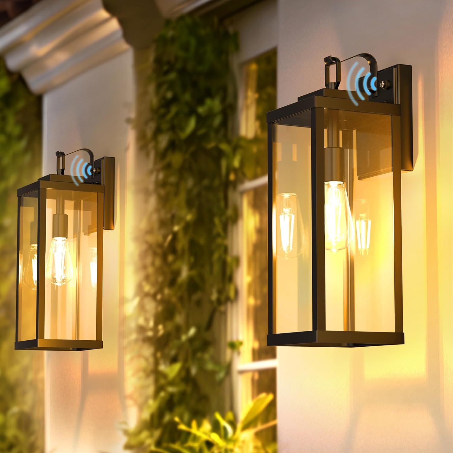 Outdoor Wall Lantern with Dusk to Dawn Sensor, 16" Black Metal, E26 Socket, 2-Pack, UL Ready