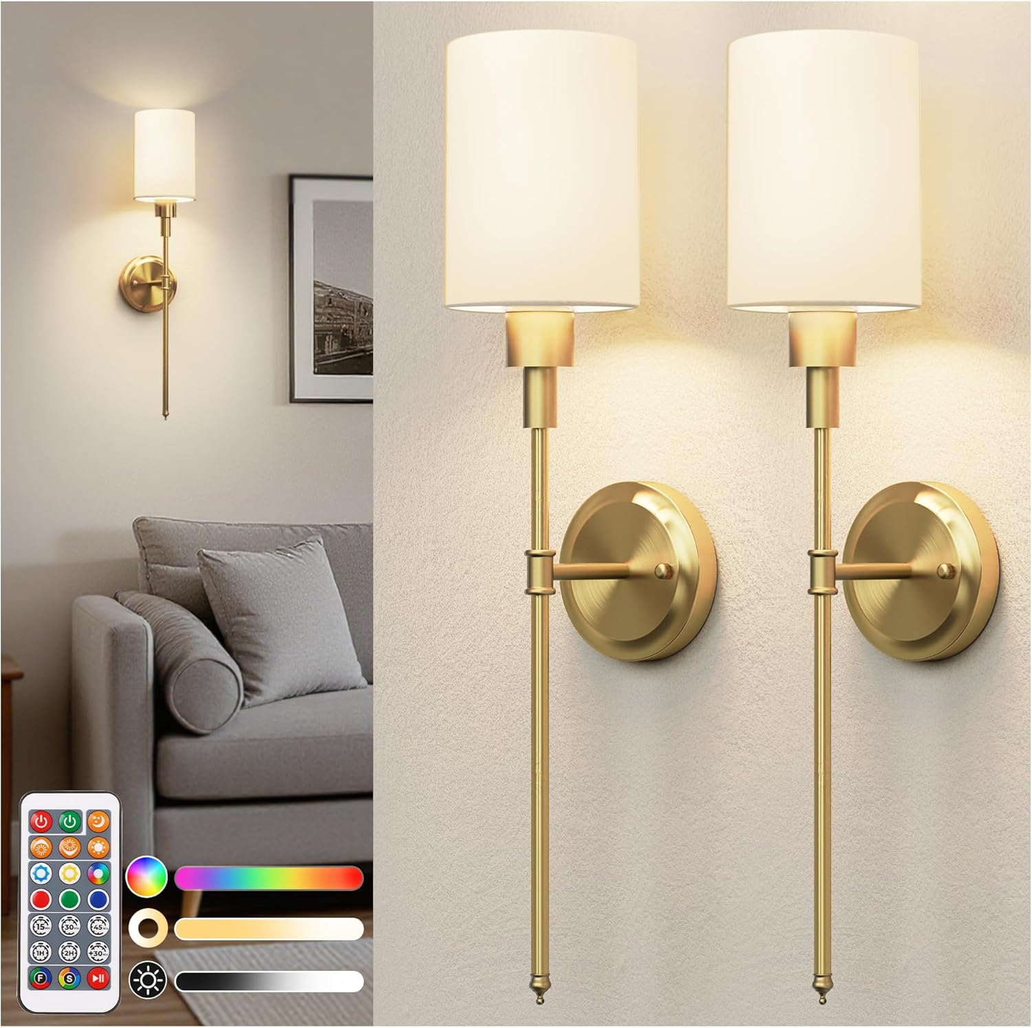 Rechargeable Wall Sconce, 2-Pack, Brass Fabric Shade, 24.6", Remote RGB+CCT Dimmable