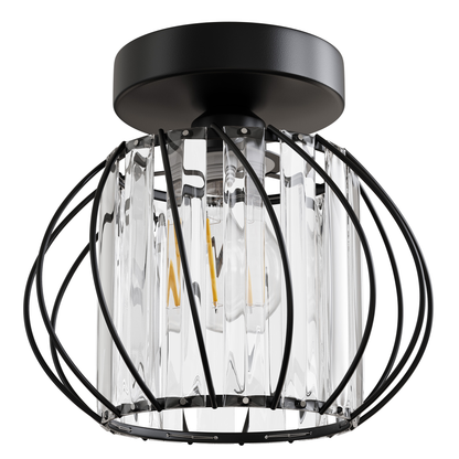 7 in. 1-Light Black Modern Crystal Semi Flush Mount Ceiling Light for Hallway, Entryway, or Bedroom with Cage Design